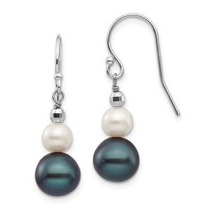 14k White Gold 6-9mm Black White Semi-round FWC Pearl Graduated Dangle Earrings